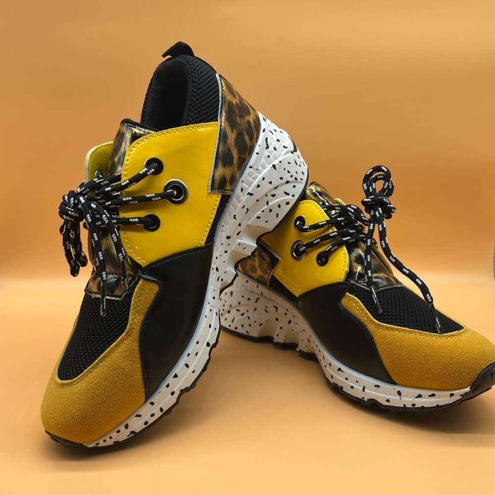 Animal Print Colorblock Lace-Up Galaxies Wedge Tennis Shoes Gold Yellow Leopard